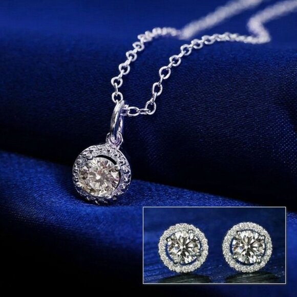 Avianna Halo Round Cubic Zirconia Silver Pendant Necklace and Earrings Gift Set - Picture 1 of 11